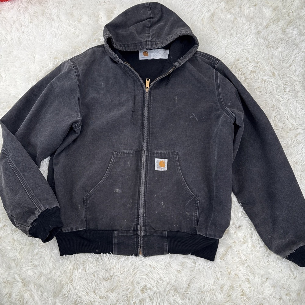 Vtg Carhartt J03 Black Cotton Duck Active Work Jacket Distressed Fade Hood 90s L